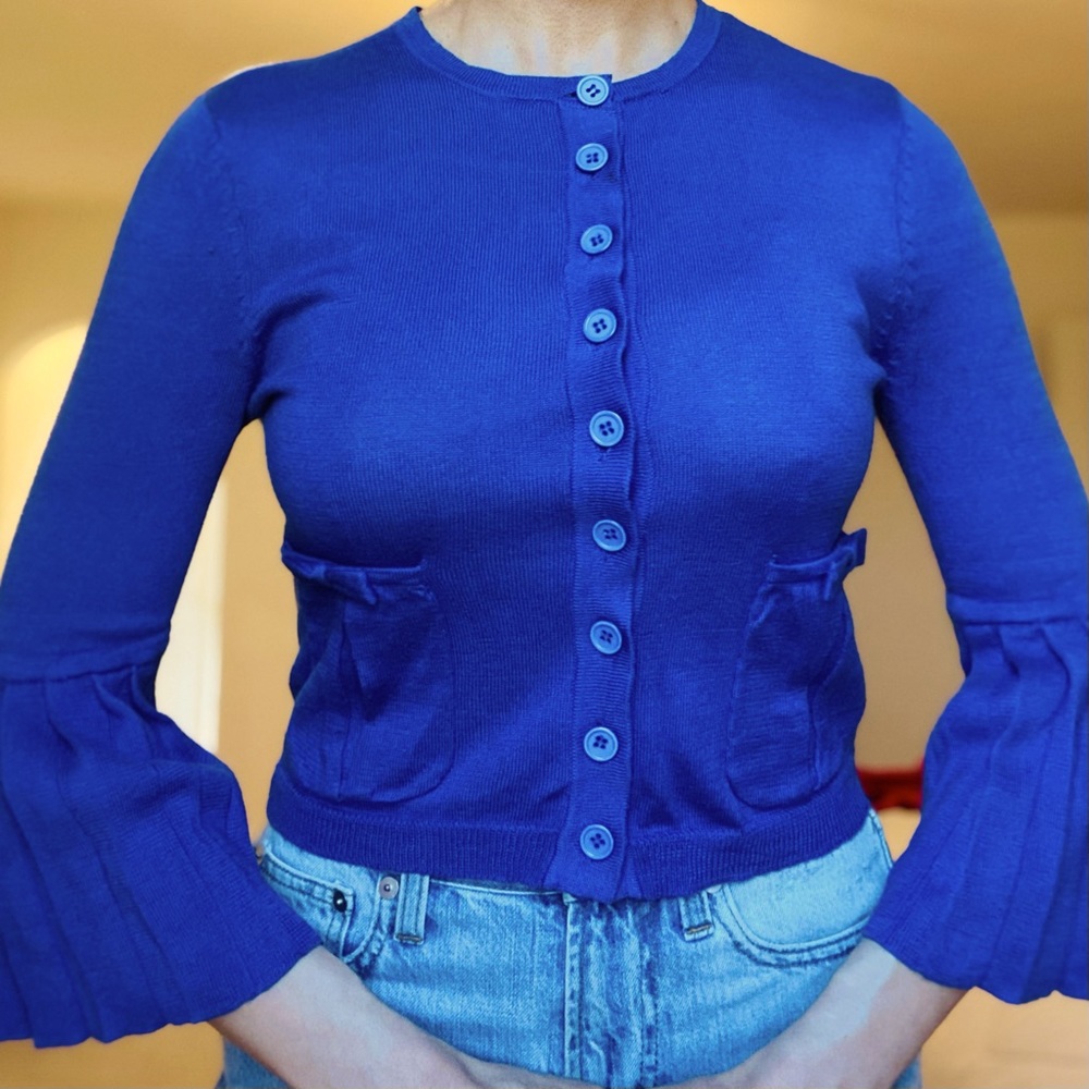 Nanette Lepore Cropped Cardigan with Pleated Sleeves - Bluish/Purple Size XS